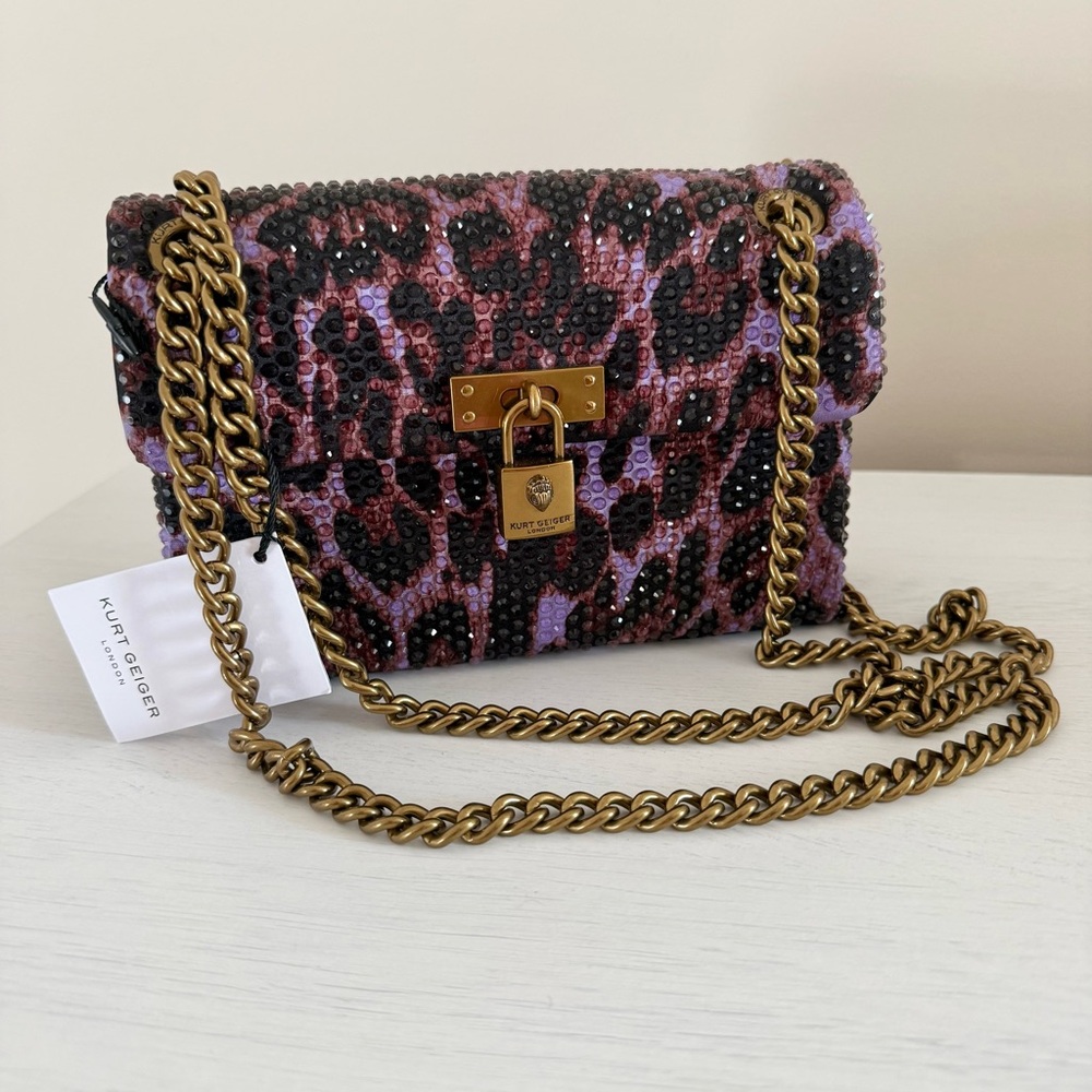 Kurt Geiger Purple Leopard Crystal Satin Brixton Bag - Picture 9 of 14